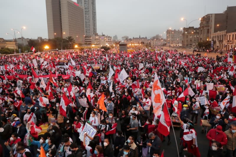 FILE PHOTO: Supporters of Peru's presidential candidate Keiko Fujimori gather during a demonstration in Lima