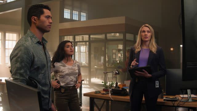 <p>Karen Neal/CBS</p> Alex Tarrant as Kai Holman, Yasmine Al-Bustami as Lucy Tara and Tori Anderson as Kate Whistler in 'NCIS: Hawai'i'