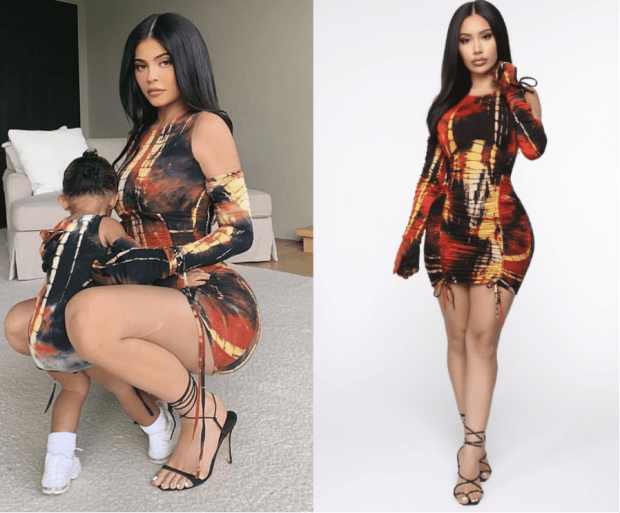 Left: Kylie Jenner in a Kim Shui dress. Photo: <a href="https://www.instagram.com/p/BzURqHyn8C_/" rel="nofollow noopener" target="_blank" data-ylk="slk:@kyliejenner;elm:context_link;itc:0;sec:content-canvas" class="link ">@kyliejenner</a> /Instagram; Right: A very similar version of the dress on sale at <a href="https://www.fashionnova.com/collections/coming-soon/products/my-ride-or-tie-dye-2-pc-dress-set-orange-combo" rel="nofollow noopener" target="_blank" data-ylk="slk:Fashion Nova;elm:context_link;itc:0;sec:content-canvas" class="link ">Fashion Nova</a> .