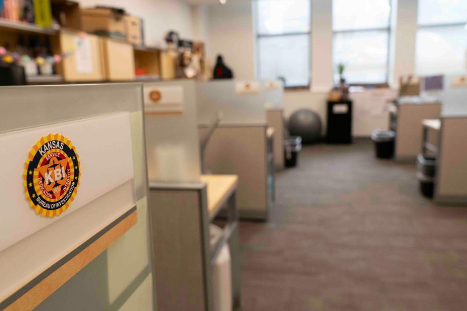 Individual office cubicles fill renovated space on the first floor of the KBI building.