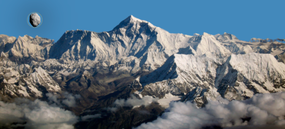 An artistic rendering creates an approximate landscape of 2001 FO32 with Mount Everest in the background. Shape, color and texture of the asteroid are imagined.  / Credit: Space Reference