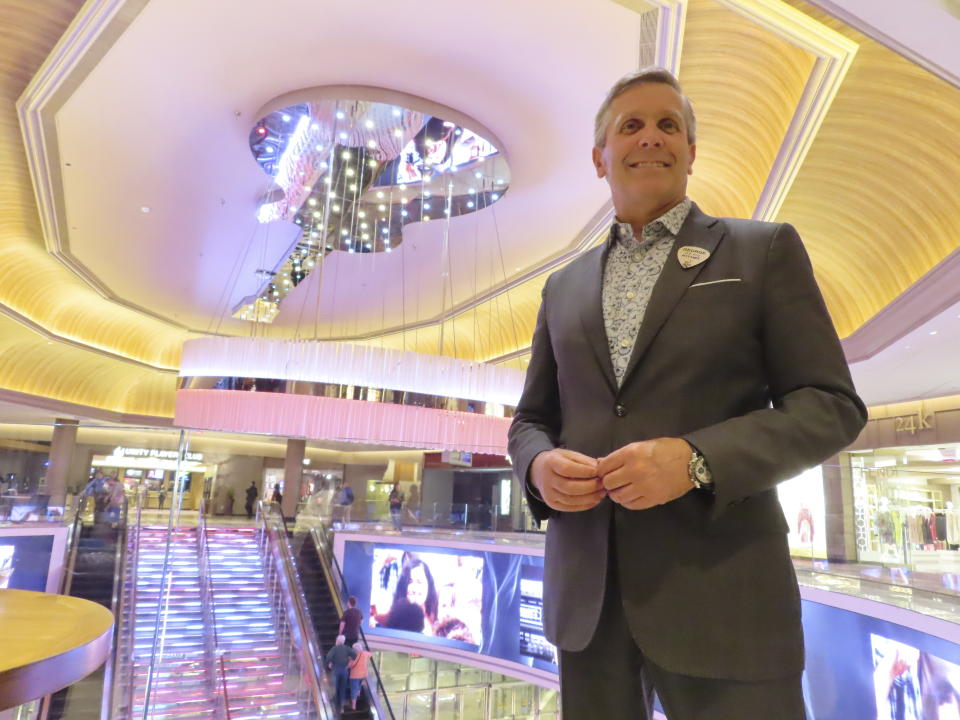 This May 17, 2023 photo shows George Goldhoff, president of the Hard Rock casino in Atlantic City, N.J., poses near the casino's lobby, May 17, 2023. Hard Rock is investing $50 million into its casino and hotel this year, along with spending over $30 million on entertainment. (AP Photo/Wayne Parry)