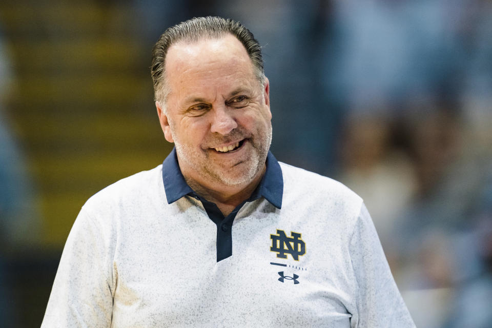 Notre Dame's Mike Brey is the program's all-time winningest men's basketball coach and he's led the team to 13 NCAA tournament appearances. (AP Photo/Jacob Kupferman)