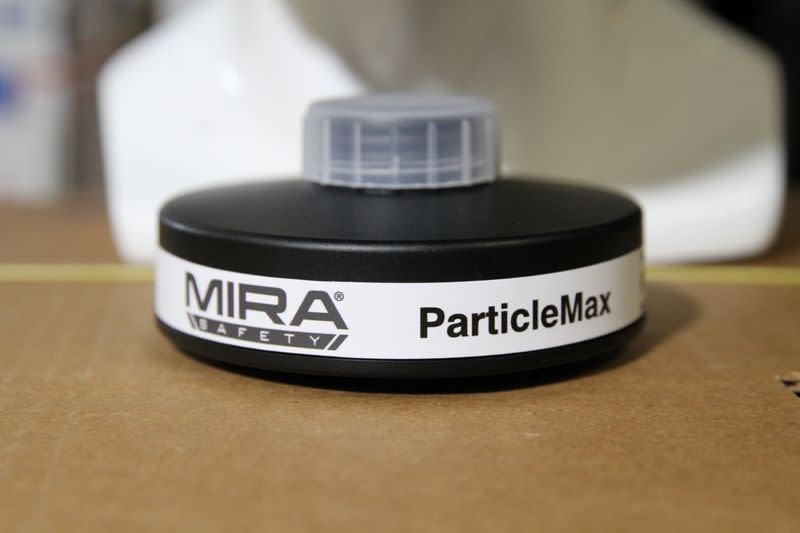 A filter is seen in the warehouse of Mira Safety, a tactical gear manufacturer that says it is seeing an uptick in sales for its CM-6M tactical gas mask and its ParticleMax P3 virus filter as a result of the coronavirus, in Austin