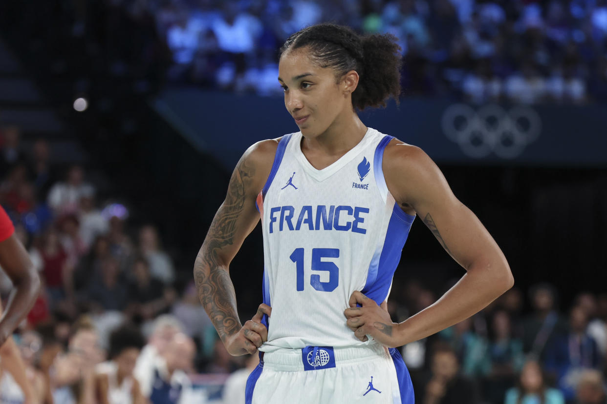 PARIS, FRANCE - AUGUST 11: Gabrielle Gabby Williams #15 of Team France looks on during the Women's Gold Medal game between Team France and Team USA on day sixteen of the Olympic Games Paris 2024 at Bercy Arena on August 11, 2024 in Paris, France. (Photo by Catherine Steenkeste/Getty Images)