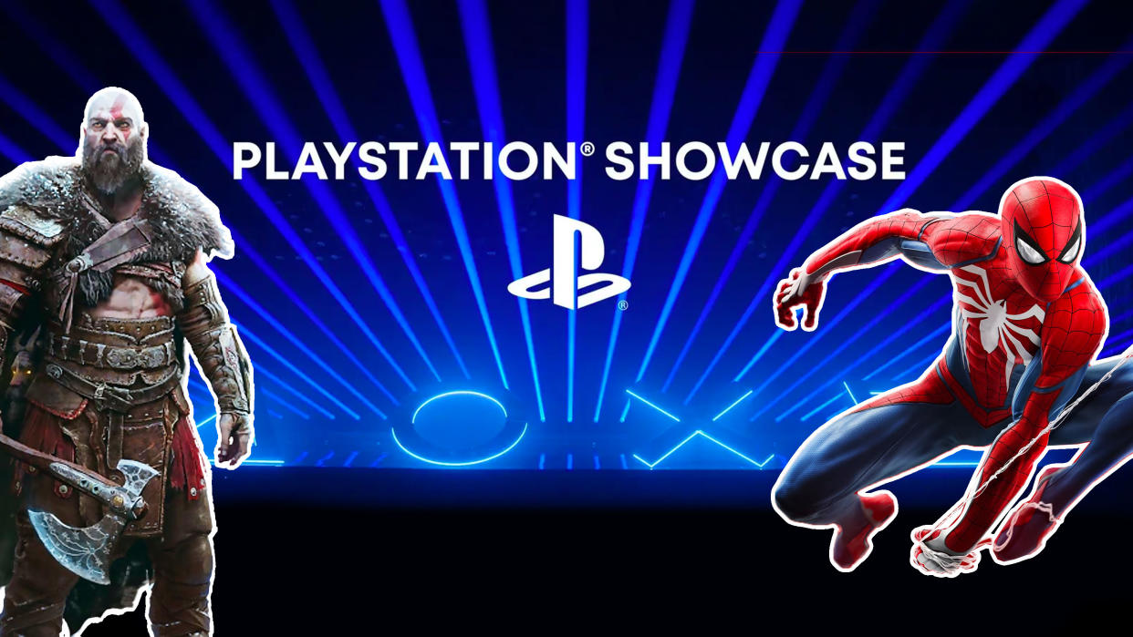  A shot of Kratos from God of War and Spider-Man on a dark blue background with the words PlayStation Showcase 