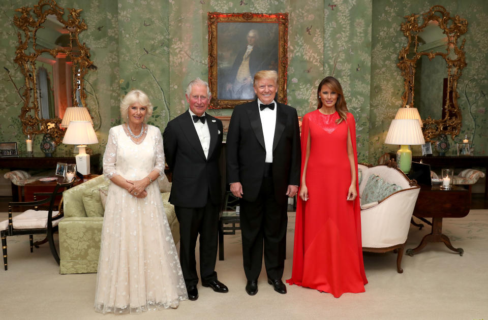 The Prince of Wales and the Duchess of Cornwall with US President Donald Trump and his wife Melania at Winfield House, the residence of the Ambassador of the United States of America to the UK, in Regent's Park, London, for the Return Dinner as part of his state visit to the UK.