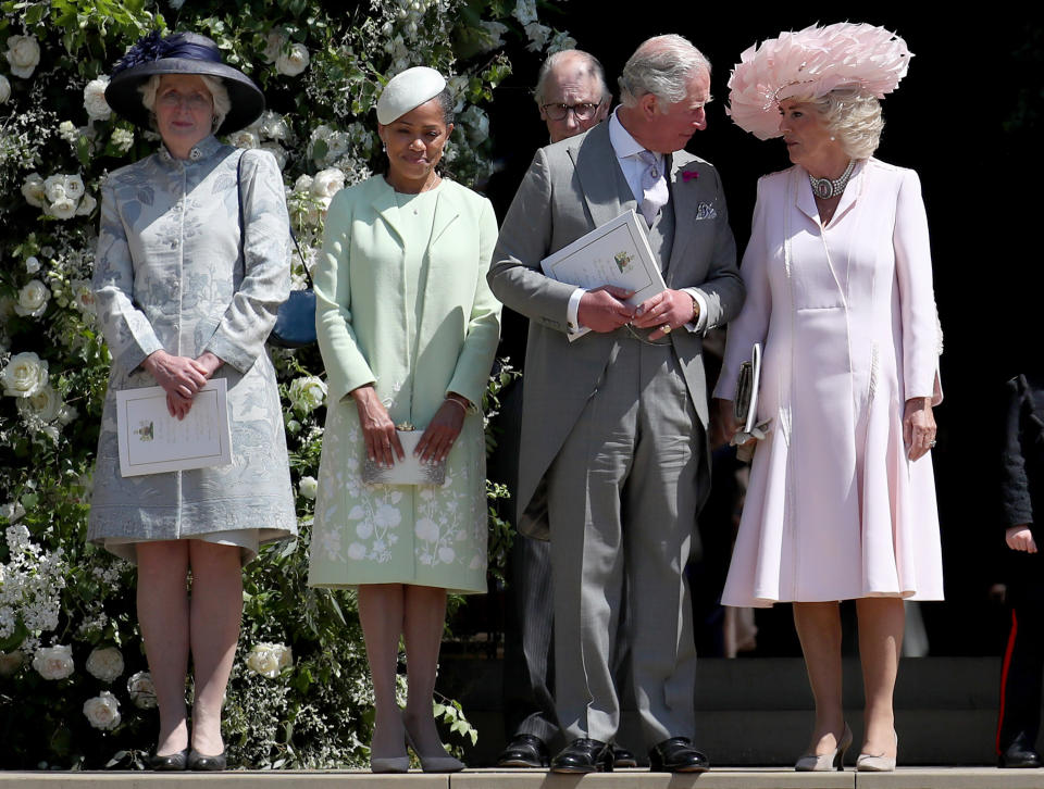 WINDSOR, UNITED KINGDOM - MAY 19:   (L-R) Lady Jane Fellowes, Doria Ragland, Prince Charles, Prince of Wales, Camilla, Duchess of Cornwall, Prince George of Cambridge,  Prince William, Duke of Cambridge, Princess Charlotte of Cambridge and Catherine, Duchess of Cambridge   after the wedding of Prince Harry and Ms. Meghan Markle at St George's Chapel at Windsor Castle on May 19, 2018 in Windsor, England. (Photo by Jane Barlow - WPA Pool/Getty Images)