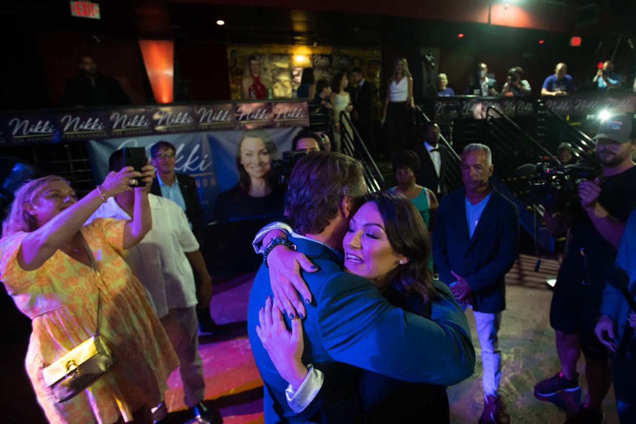 Nikki Fried hugs a supporter after conceding the Democratic primary for governor to Charlie Christ during FriedÕs Democratic primary watch party at Revolution Live in Fort Lauderdale, FL., on Tuesday, August 23, 2022.