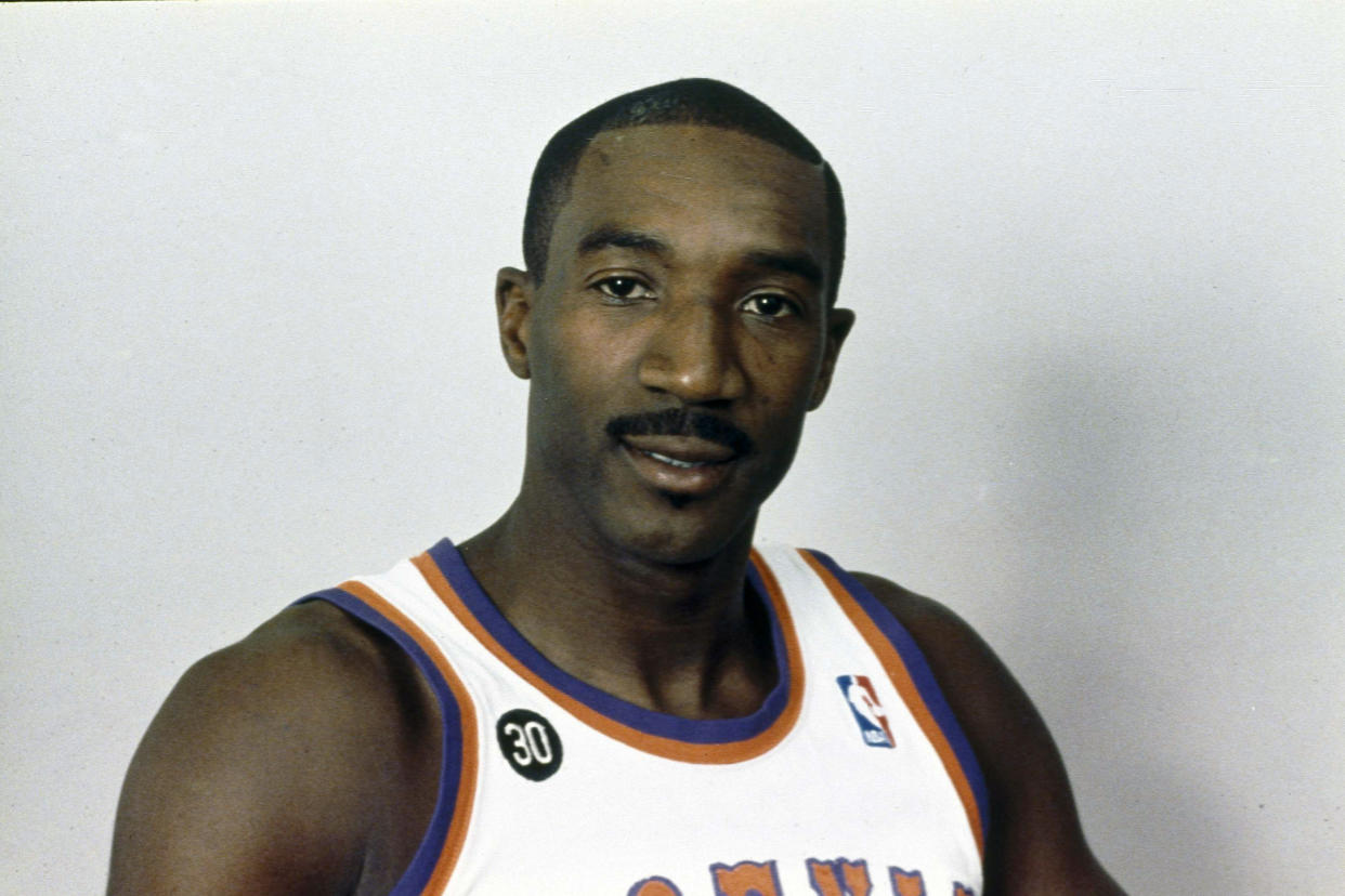 FILE - Walter Davis of the Phoenix Suns pictured in 1987. Davis, a five-time NBA All-Star who had his number retired by the Phoenix Suns, has died. He was 69. Davis was star in college for North Carolina where he played for the late Dean Smith. The school's release said Walter Davis died Thursday morning, Nov. 2, 2023, of natural causes while visiting family in Charlotte, North Carolina. (AP Photo/File)