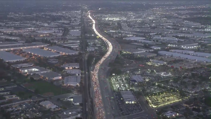 Fiery crash snarls traffic on 5 Freeway near Los Angeles-Orange County line 