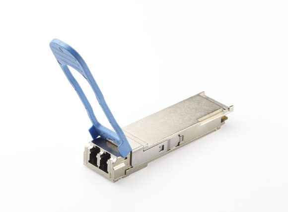 Long-reach transceiver equipment from Applied Optoelectronics, metallic with blue swing-case.