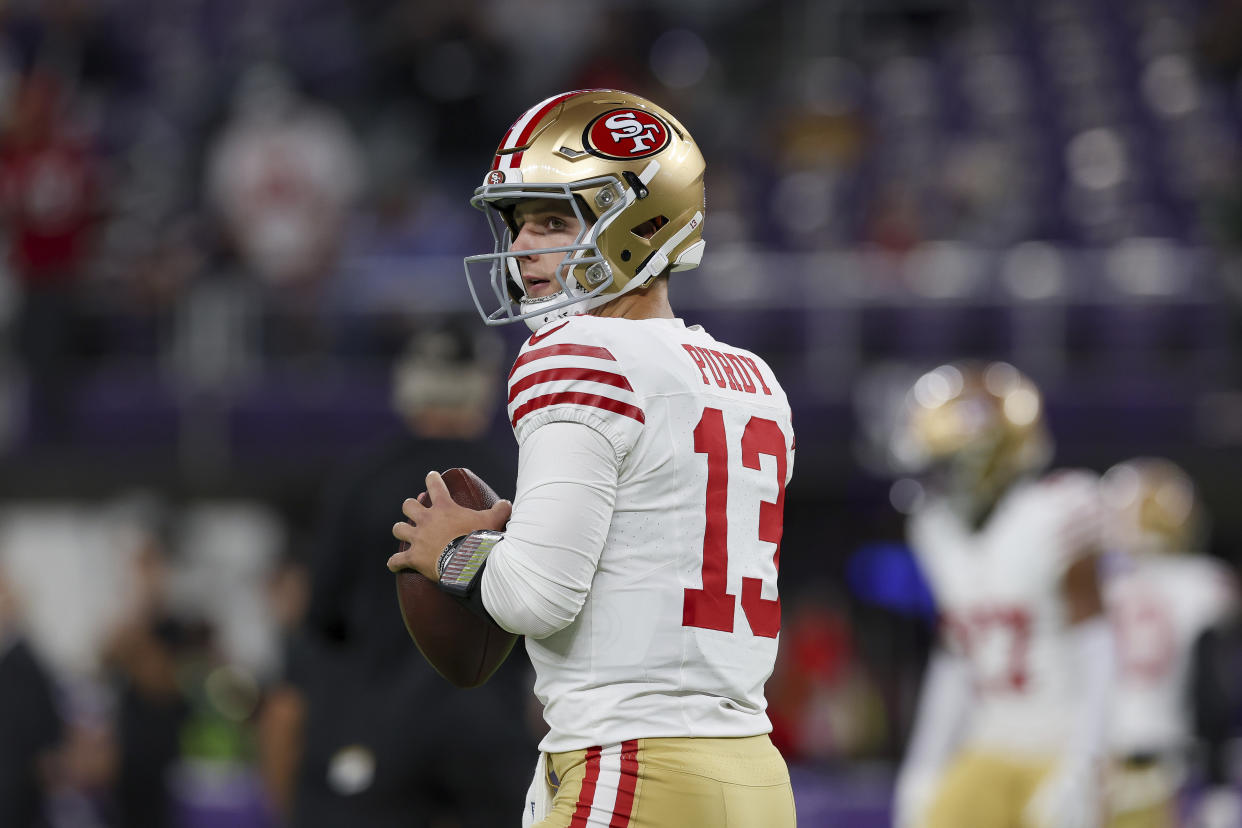 San Francisco 49ers quarterback Brock Purdy was a full participant in practice Friday. Will be clear concussion protocol in time to play Sunday? (AP Photo/Stacy Bengs)