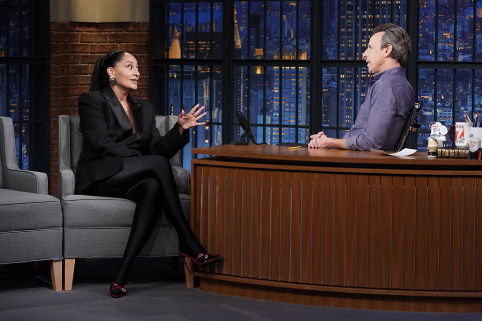 Tracee Ellis Ross, Femme Los Angeles, mules, red, buckles, "Late Night With Seth Meyers."