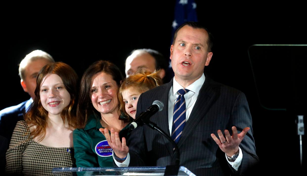 Russell Coleman gives his acceptance speech in Louisville after being elected Kentucky’s attorney general. He's calling for the U.S. government to provide more support for migrant crossings at the border.