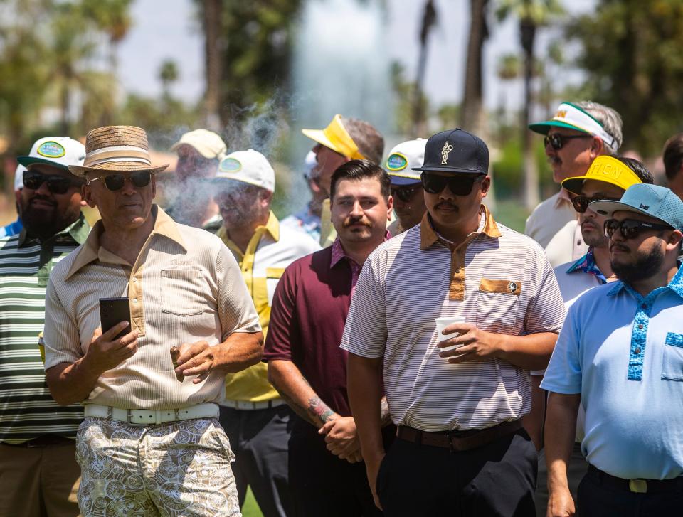 Golfers round up before the official start of the 16th annual Nation Desert Classic at Indian Wells Country Club in Indian Wells, Calif., Saturday, May 4, 2024.