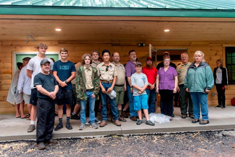 Scouts from Troop 32 who helped to work on the David O’Connell Health Education Building stand outside the completed building at the Seven Mountains Scout Camp on Wednesday, June 22, 2022. The building is in memory of David O’Connell and Brandon Koopenhaver who were both members of Troop 32.
