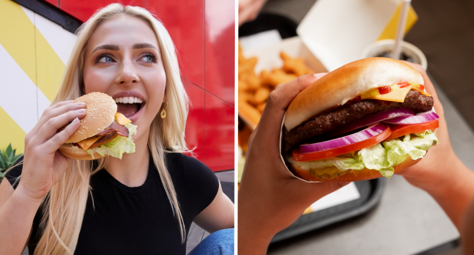 Woman eating a burger next to a photo of a Carl's Jr burger