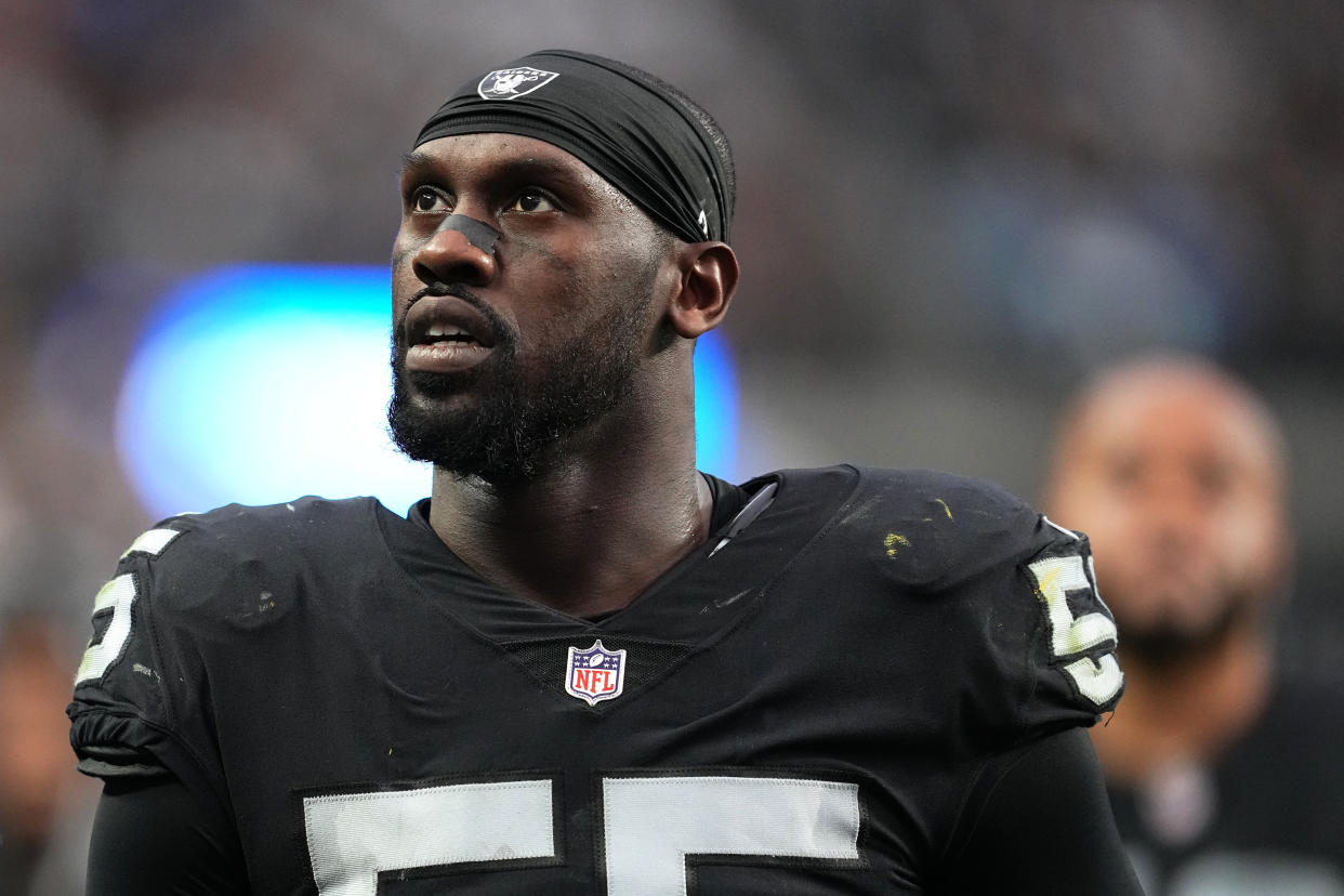 LAS VEGAS, NEVADA - DECEMBER 04: Defensive end Chandler Jones #55 of the Las Vegas Raiders walks off the field after the first half of a game against the Los Angeles Chargers at Allegiant Stadium on December 04, 2022 in Las Vegas, Nevada. (Photo by Chris Unger/Getty Images)