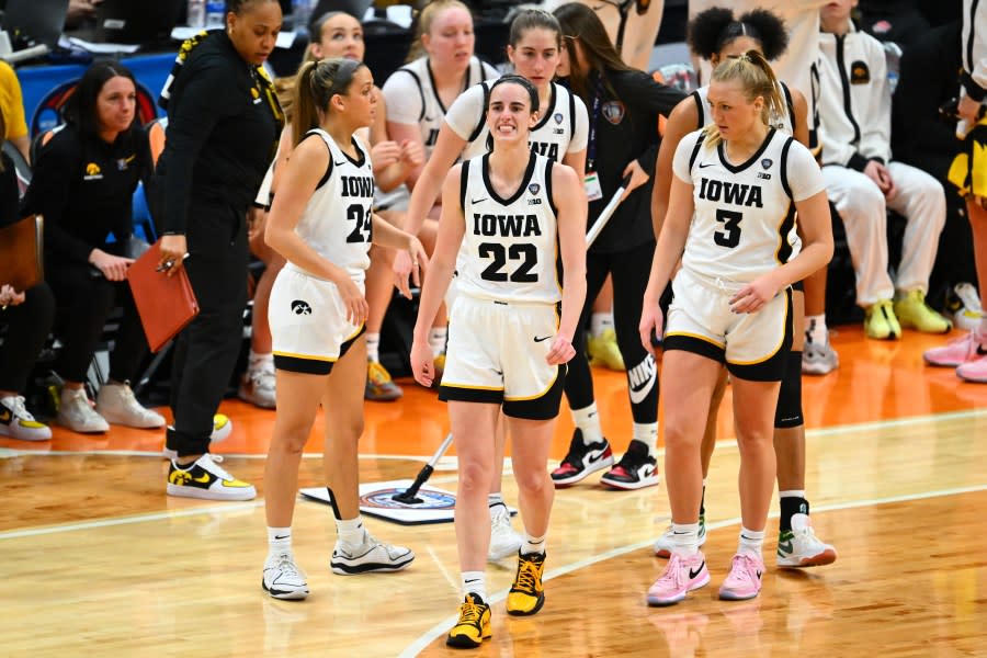 CLEVELAND, OHIO – APRIL 05: Caitlin Clark #22 of the Iowa Hawkeyes reacts in the second half during the NCAA Women’s Basketball Tournament Final Four semifinal game UConn Huskies at Rocket Mortgage Fieldhouse on April 05, 2024 in Cleveland, Ohio. (Photo by Jason Miller/Getty Images)