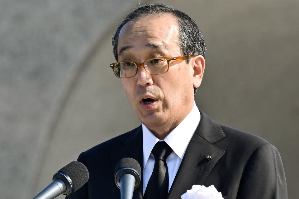 Hiroshima Mayor Kazumi Matsui delivers a speech during a ceremony at the Hiroshima Peace Memorial Park in Hiroshima, western Japan Friday, Aug. 6, 2021. Hiroshima on Friday marked the 76th anniversary of the world's first atomic bombing of the city. (Kyodo News via AP)