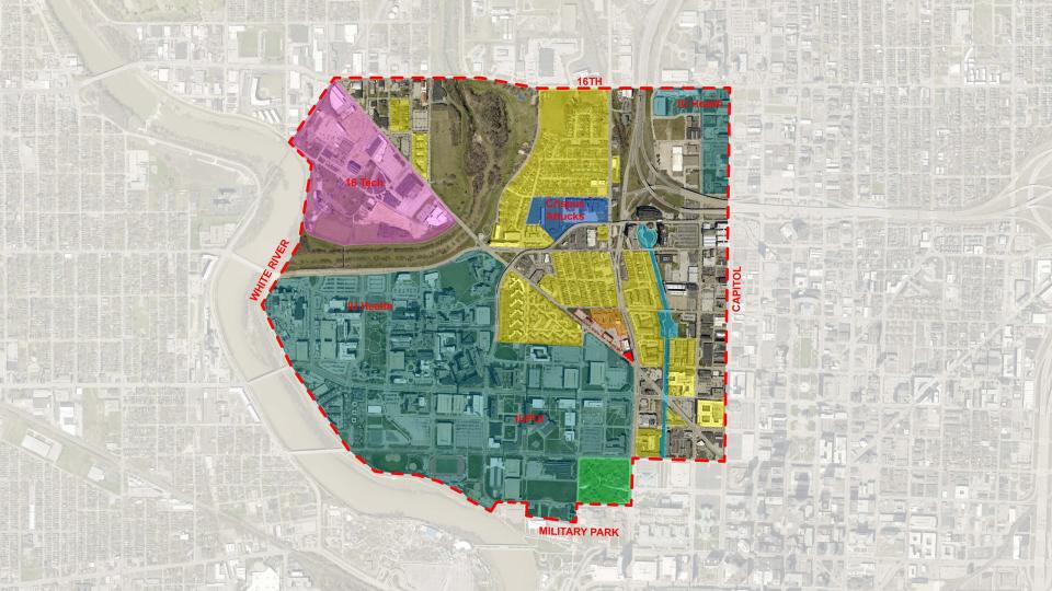 The area for the Indiana Avenue strategic plan project is bounded by 16th Street to the north, Capitol Ave to the east, Military Park to the South, and the White River to the west.