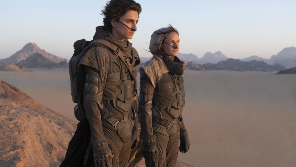 Timothée Chalamet and Rebecca Ferguson standing in a desert in Dune.