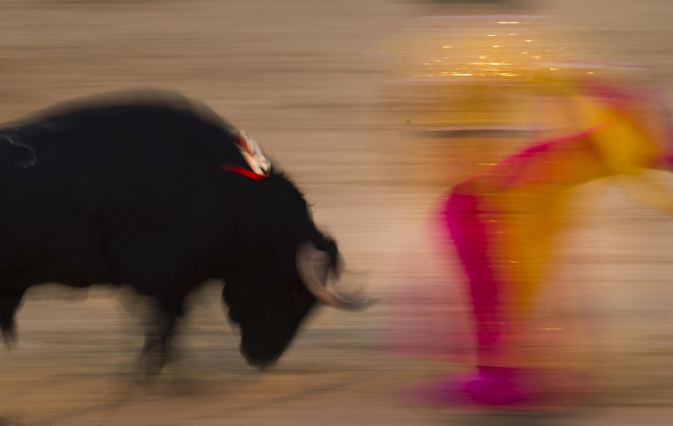 File - In this Aug. 15, 2010 file photo, Spanish bullfighter Victor Puerto performs during a bullfight at the Las Ventas Bullring in Madrid. Spain's state TV will start airing live bullfights again on Sept. 5, 2012 after the new conservative government lifted a six-year ban on the tradition that has been hard hit by declining popularity and the economic crisis. It's a big victory for pro-bullfighting forces who saw fights prohibited this year in the northeastern region of Catalonia. And it's a defeat for animal rights activists who denounce bullfighting as barbaric. The live transmissions were halted in 2006 by Spain's previous Socialist administration, which said they were costly and coincided with youth TV viewing hours. (AP Photo/Daniel Ochoa de Olza, File)