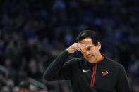 Miami Heat head coach Erik Spoelstra reacts after calling a timeout during the first half of an NBA basketball game against the Milwaukee Bucks Saturday, Feb. 4, 2023, in Milwaukee. (AP Photo/Aaron Gash)