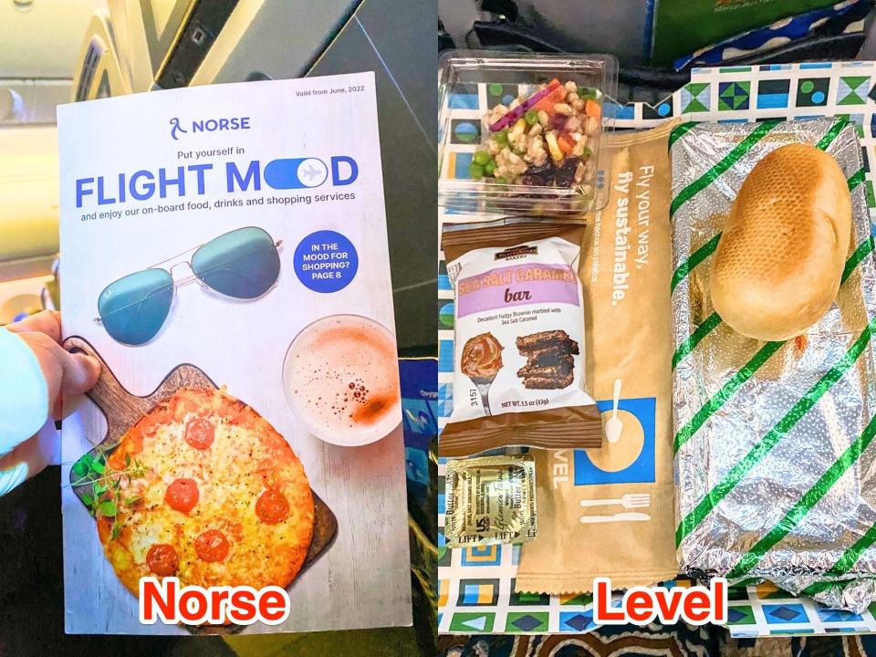 Left: A hand holds a food menu on a flight. Right: An in-flight meal on a checkered container with bread, a salad, a brownie, and a tin covered meal.