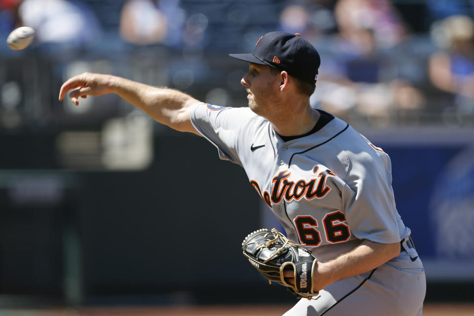 Detroit Tigers relief pitcher Drew Carlton delivers to a Kansas City Royals batter during the eighth inning of a baseball game in Kansas City, Mo., Wednesday, July 13, 2022. (AP Photo/Colin E. Braley)