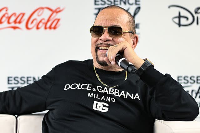 <p>Marcus Ingram/Getty </p> Ice-T in the Essence Fest press room in July 2023