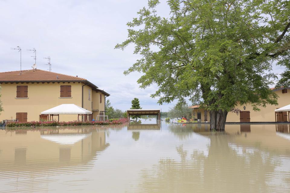 A flooded area near Bologna, Italy, Thursday, May 18, 2023. Rescue crews worked Thursday to reach towns and villages in northern Italy that were cut off from highways, electricity and cell phone service following heavy rains and flooding, as farmers warned of “incalculable” losses and authorities began mapping out cleanup and reconstruction plans. (Guido Calamosca/LaPresse via AP)