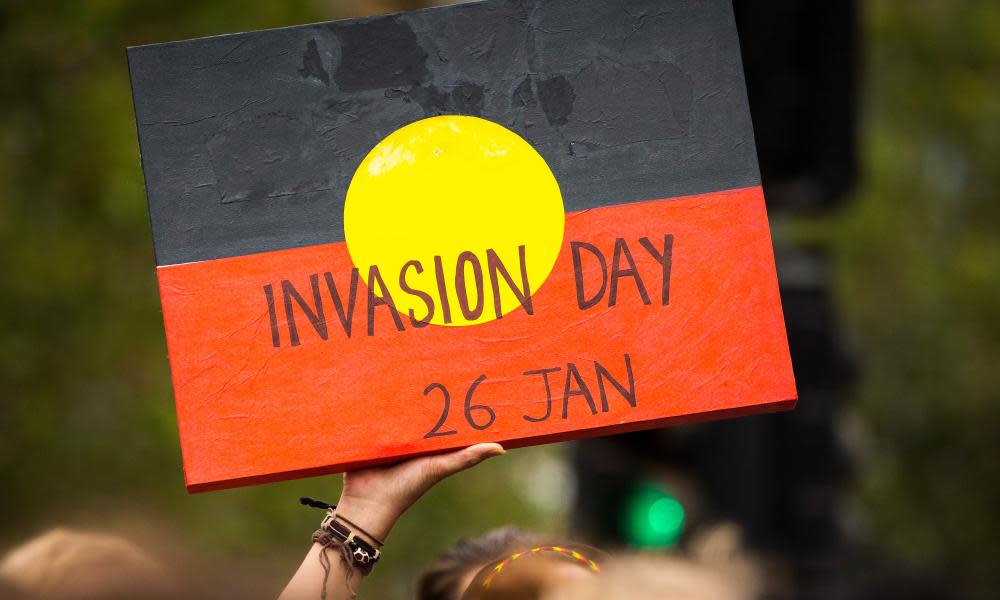 Demonstrators gather in Melbourne to protest Australia Day with Invasion Day march on 26 January 2017.