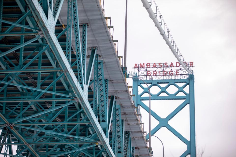The Ambassador Bridge in Detroit on Feb. 7, 2022. The bridge between Canada and Michigan is the current site of a protest against pandemic-related mandates including vaccines.
