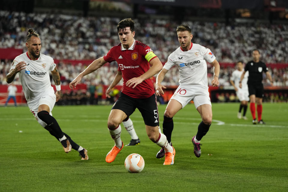 SEVILLE, SPAIN - 20 April: Harry Maguire centre-back of Manchester United and England in action during the UEFA Europa League quarterfinal second leg match between Sevilla FC and Manchester United at Estadio Ramon Sanchez Pizjuan on April 20, 2023 in Seville, Spain. (Photo by Jose Hernandez/Anadolu Agency via Getty Images)