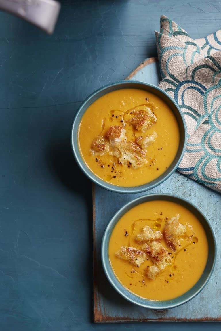 Cinnamon-Spiced Sweet Potato Soup with Maple Croutons