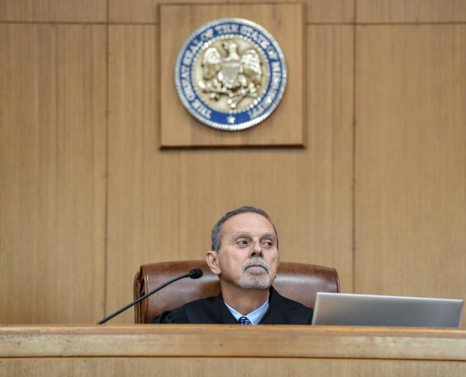 Special Judge H. David Clark presides over the hearing for the City Council of Jackson v. Lumumba, a case concerning the city's ongoing garbage crisis at Hinds County Chancery Courthouse in Jackson, Miss., Monday, April 17, 2023. Court will resume Tuesday morning.