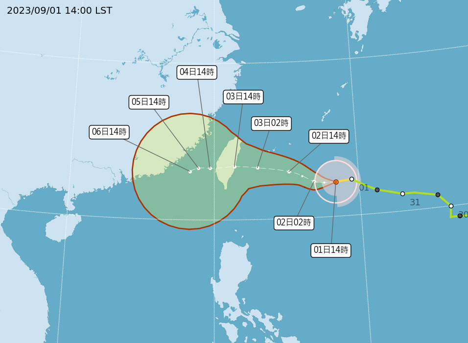 海葵颱風有機會成為四年來首個颱風中心登陸台灣的颱風   圖：中央氣象局