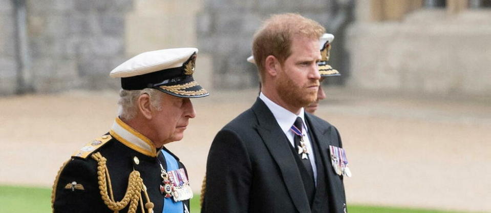 Le roi Charles III et son fils le prince Harry, duc de Sussex, au château de Windsor, le 19 septembre 2022.  - Credit:David Rose/AFP