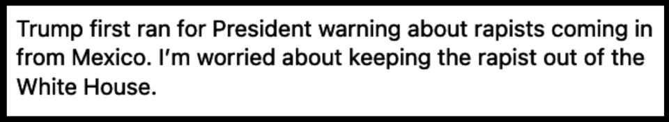 Summary of the image's text content: Concern about Trump's initial warning about rapists from Mexico during the presidential campaign, followed by personal concern about Trump in the White House