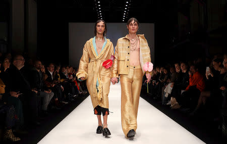 Models present creations by Amesh Wijesekera during the Berlin Fashion Week Autumn/Winter 2019/20 in Berlin, Germany, January 15, 2019. REUTERS/Fabrizio Bensch