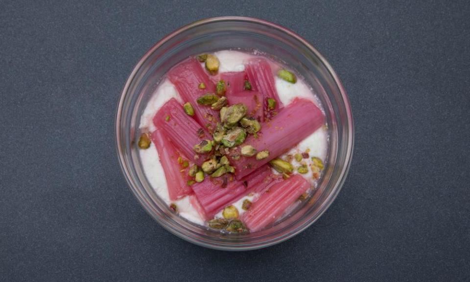 Rhubarb, ricotta, pistachio, at Mike’s, Peckham, London.