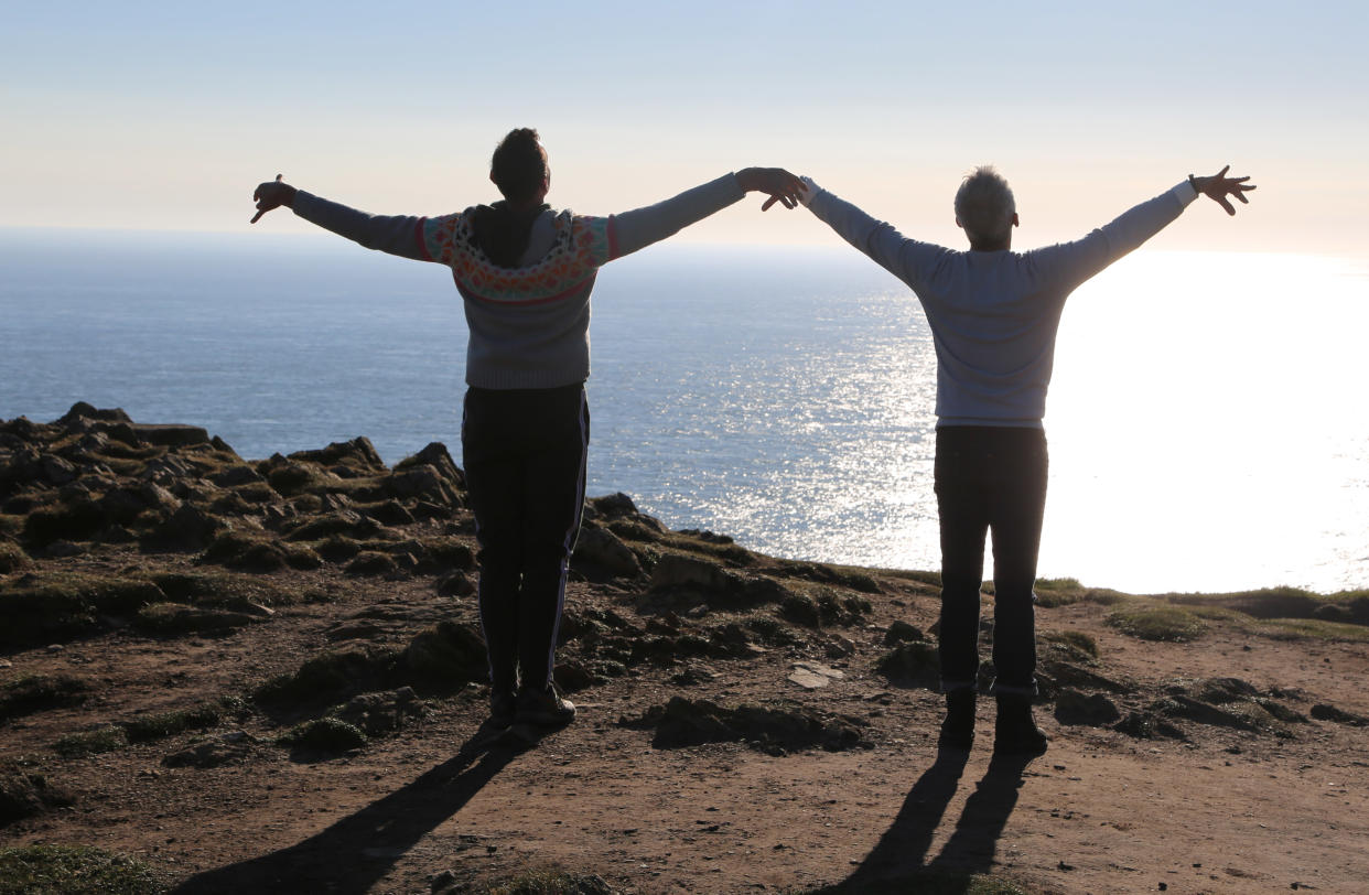 Craig Revel Horwood and Bruno Tonioli  appreciate the sunset at Holy Island the most westerly point on Anglesey. (ITV)