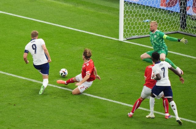 Harry Kane scoring against Denmark