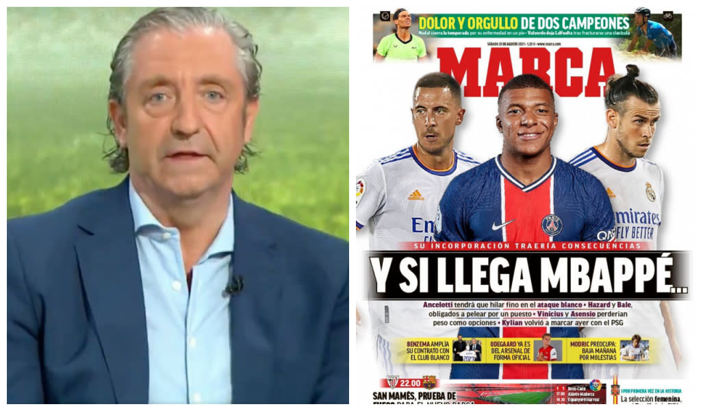 Josep Pedrerol ataca a 'Marca' por su portada sobre Mbappé. (Fuentes: Twitter/@elchiringuitotv y portada del sábado 21 de agosto de 2021 del diario 'Marca')