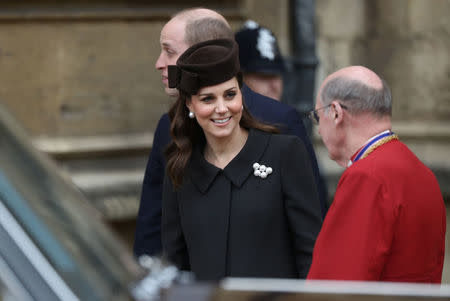 Britain's Prince William and Catherine, Duchess of Cambridge, leave the annual Easter Sunday service at St George's Chapel at Windsor Castle in Windsor, Britain, April 1, 2018. REUTERS/Simon Dawson