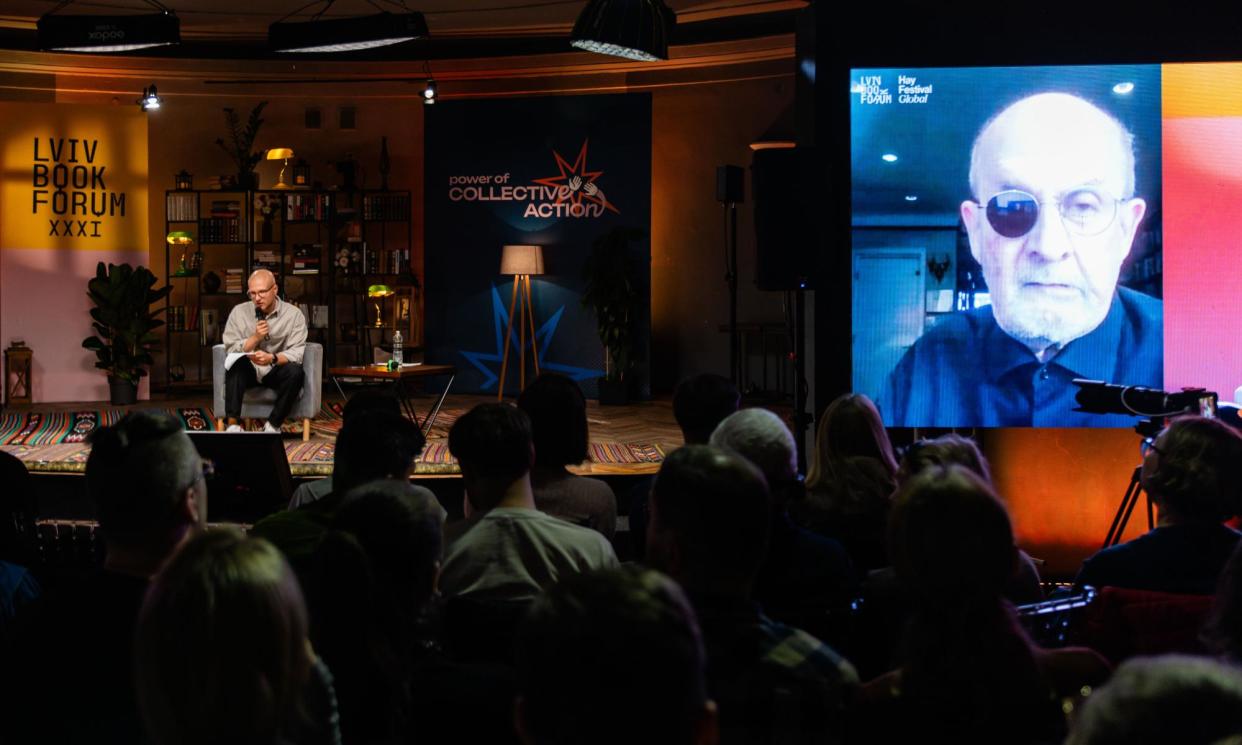 <span>Salman Rushdie appearing by videolink at Lviv BookForum.</span><span>Photograph: Nastya Telikova</span>