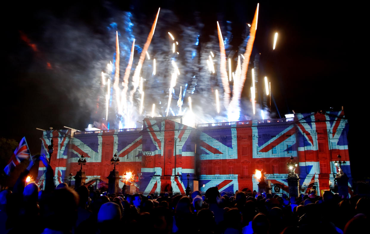 Union Flags projected onto the facade of Buckingham Palace at the Party at the Palace during the Golden Jubilee. (Getty)