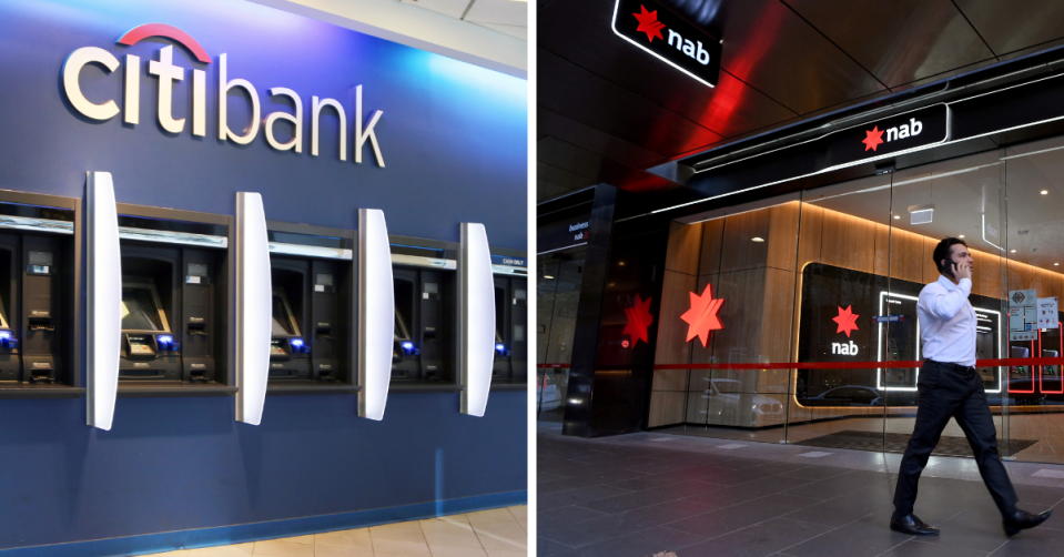 Multiple Citibank ATMs in a row and a man walking past an NAB branch.